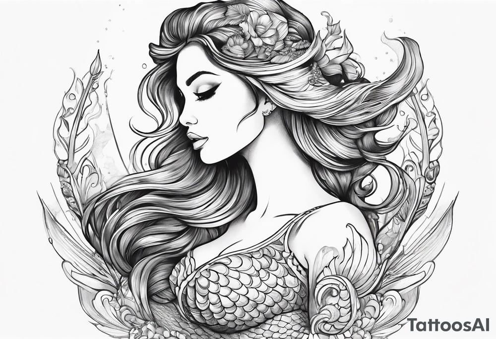 Draw a mermaid body with nice long fish tail with a shell bra tattoo idea