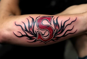 AC Sparta’s iconic maroon "S" surrounded by black tribal flames for a fierce football allegiance. tattoo idea