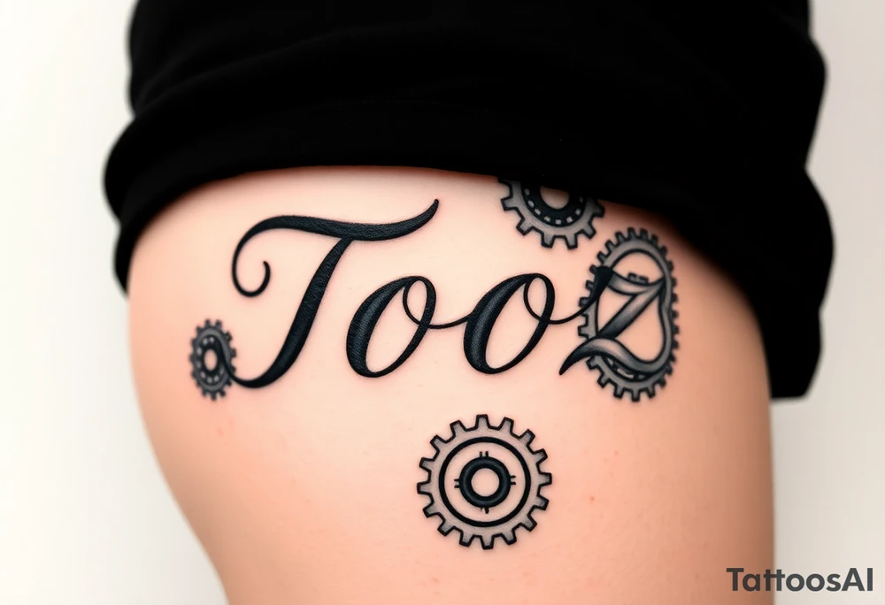 Tooz in cursive surrounded by large gears tattoo idea