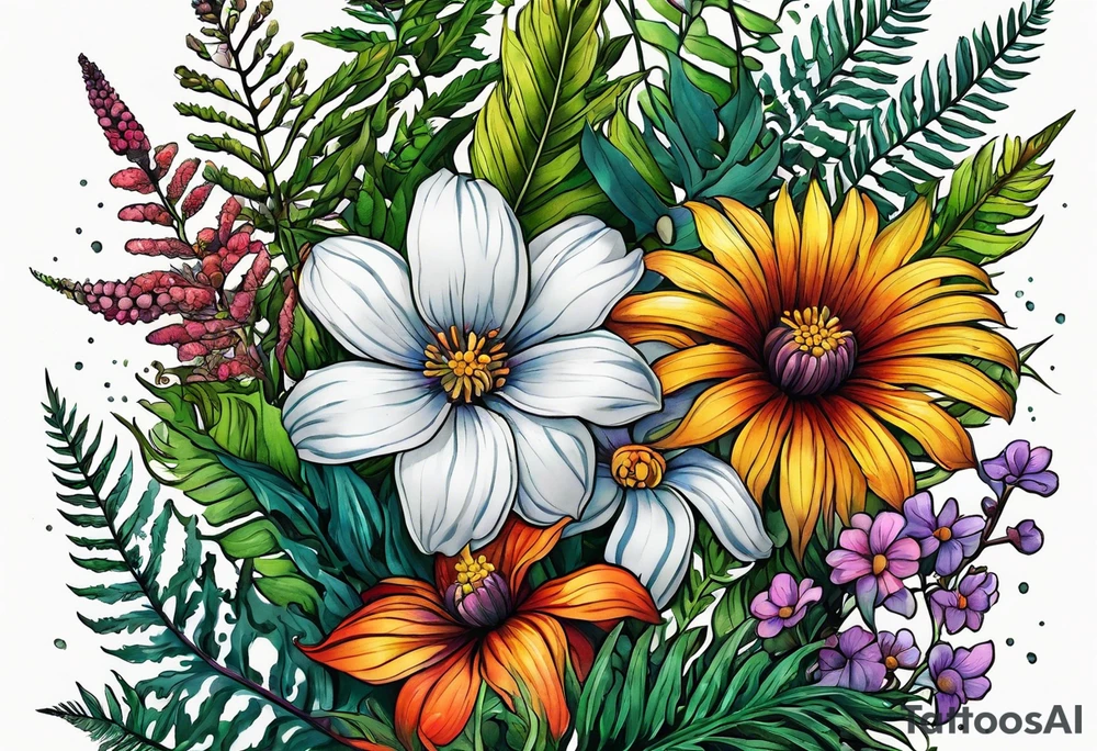 saturated mixed wildflower with ferns and with color tattoo idea