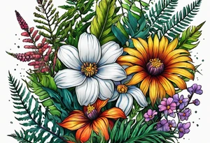 saturated mixed wildflower with ferns and with color tattoo idea