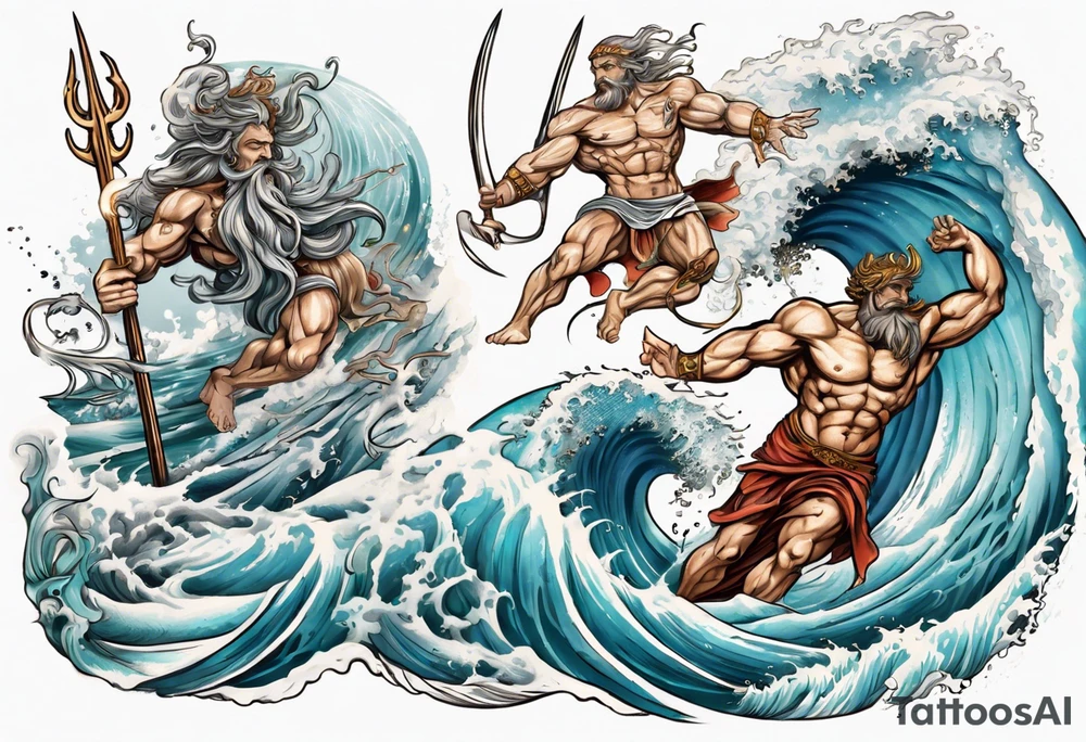 Ancient Greek gods of the sea fighting with surfer  and trident tattoo idea