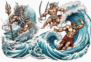 Ancient Greek gods of the sea fighting with surfer  and trident tattoo idea