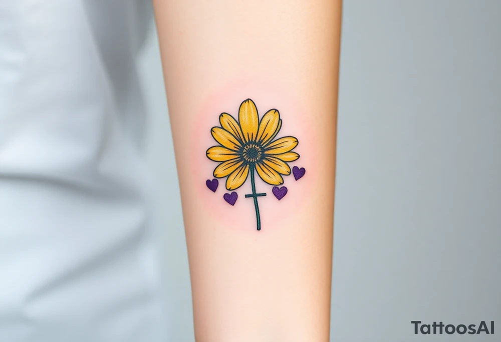 Simple yellow daisy with Purple Hearts & cross tattoo idea