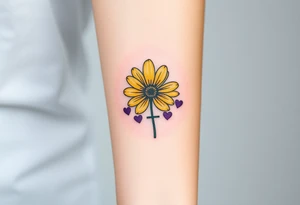 Simple yellow daisy with Purple Hearts & cross tattoo idea