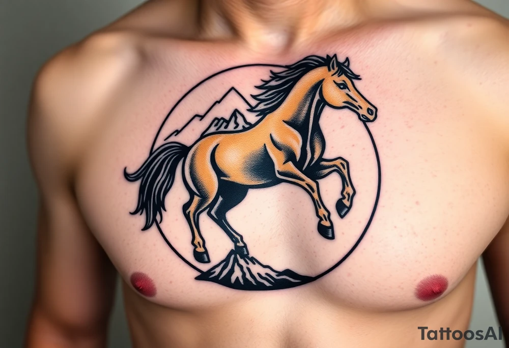 A golden mustang horse with black hair and legs in a circle where the mountain or nature is its contour to accompany the animal in full movement, running like a soul leading the devil. tattoo idea