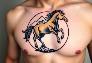 A golden mustang horse with black hair and legs in a circle where the mountain or nature is its contour to accompany the animal in full movement, running like a soul leading the devil. tattoo idea