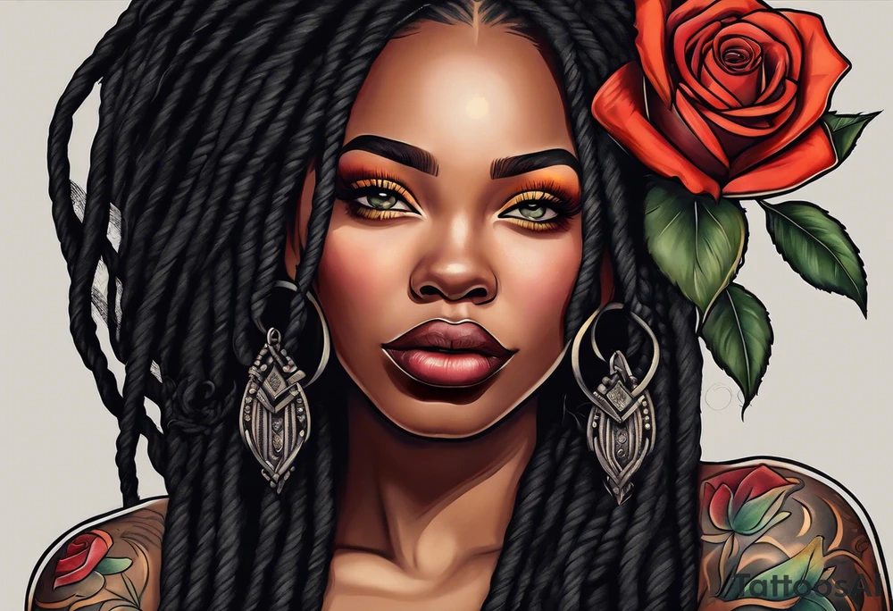 beautiful thick black women with long straight dreadlocks, holding a beautiful single rose,, pastel, old school traditional, tattoo idea