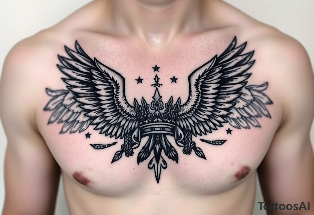 Chest tattoo,powerful two symetrical majestic eagles, surrounded by lure ornaments , between eagles a crown tattoo idea