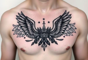 Chest tattoo,powerful two symetrical majestic eagles, surrounded by lure ornaments , between eagles a crown tattoo idea