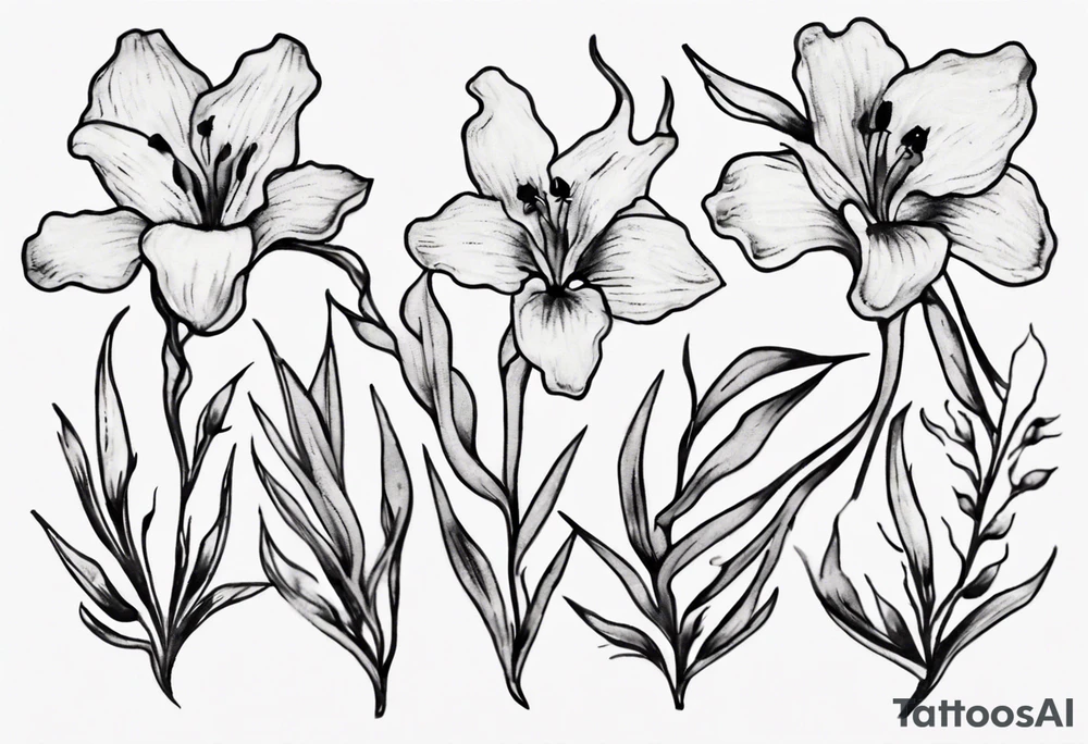 Create a small Vincent van Gogh art tattoo. The intended placement is on the upper chest. The overall design should be small in size while maintaining a delicate and artistic aesthetic. Pay attention to the graceful flow of the vines and the placement of the irises to achieve a refined and elegant look. tattoo idea