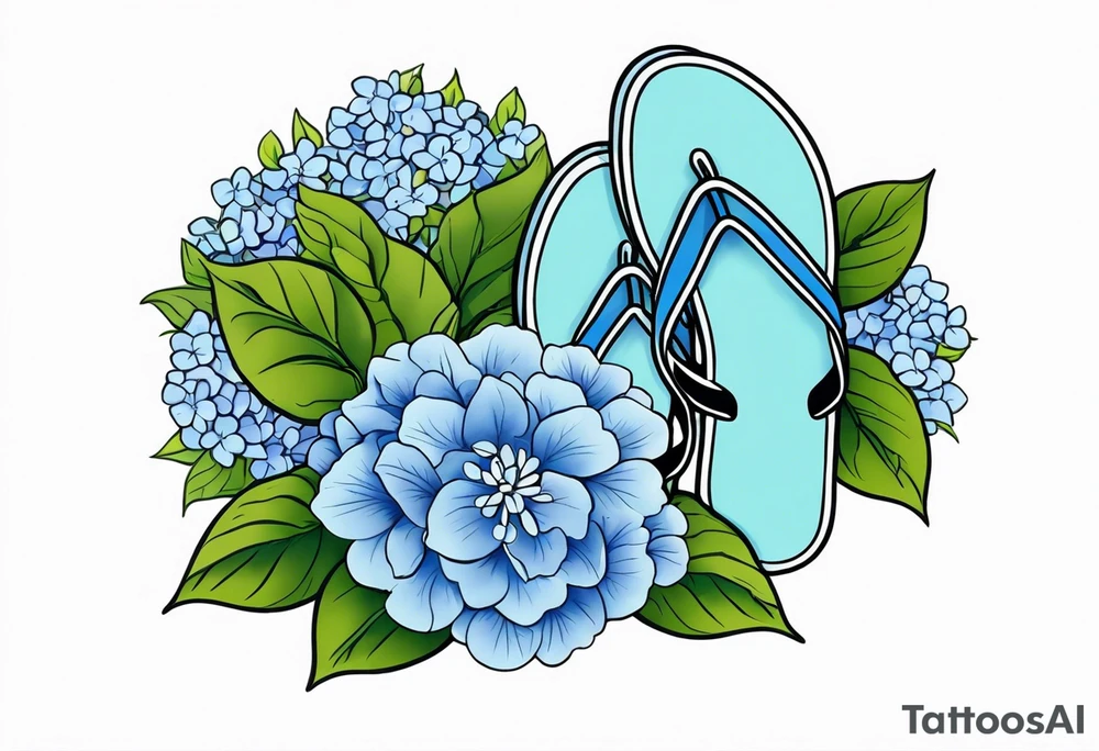 small tattoo of a single pastel blue flip flop surrounded by blue and periwinkle hydrangea flowers with green leaves tattoo idea