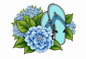 small tattoo of a single pastel blue flip flop surrounded by blue and periwinkle hydrangea flowers with green leaves tattoo idea