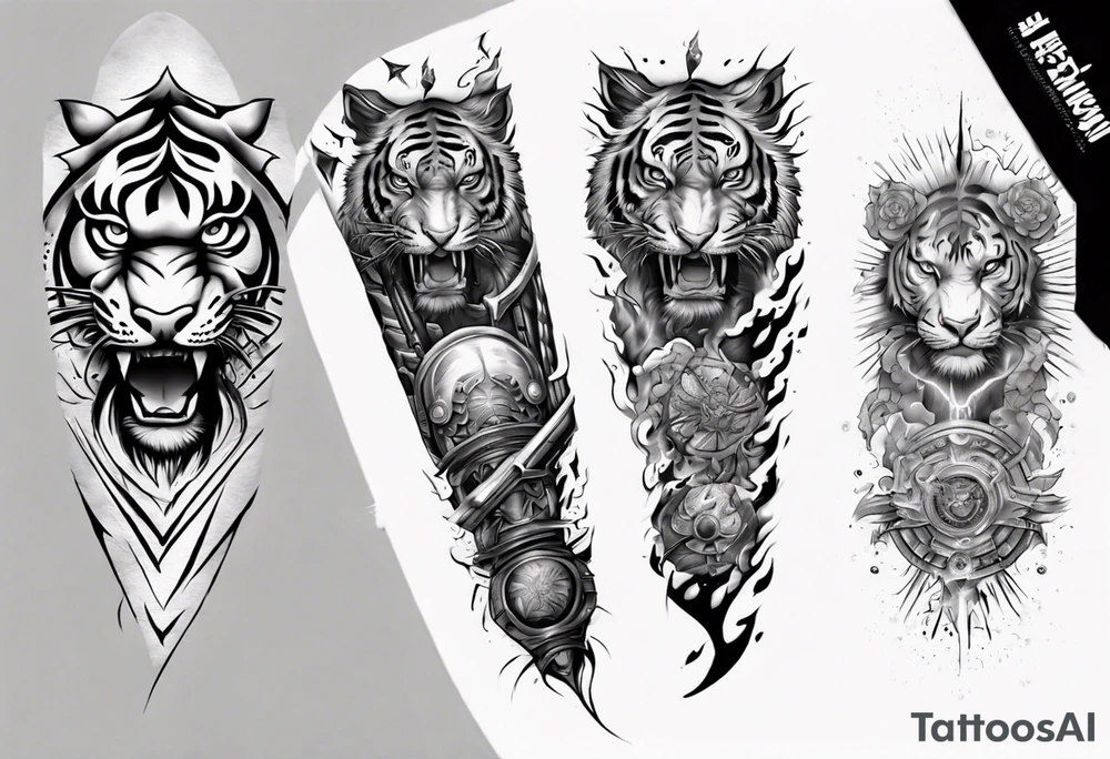 Tiger Warrior sleeve tattoo with lightning and the sun
Forearm sleeve tattoo idea