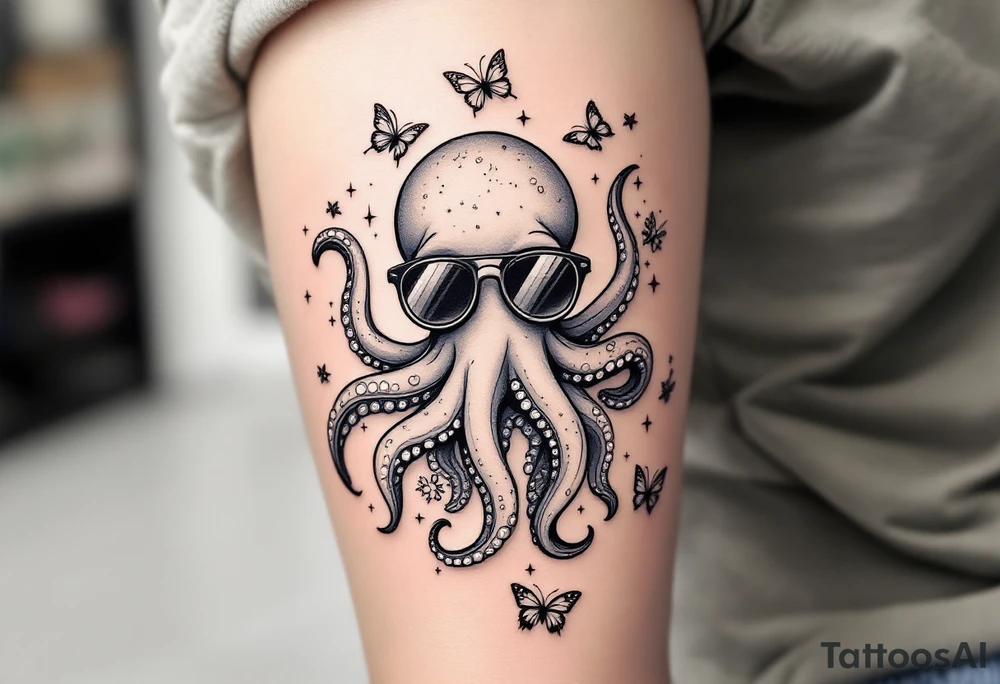 cute octopus, wearing sunglasses, friendly, surrounded by butterflies and oceanic items, grey ink tattoo idea