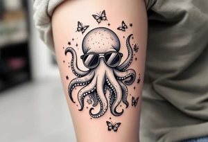 cute octopus, wearing sunglasses, friendly, surrounded by butterflies and oceanic items, grey ink tattoo idea