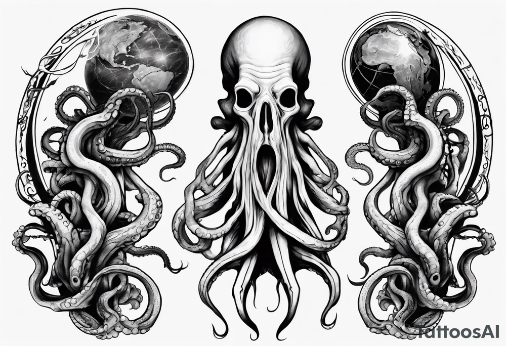 a tattoo on the theme of lovecraft, with tentacles that embrace the earth tattoo idea