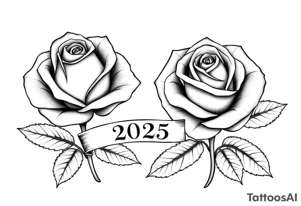 two beautiful large rose buds, one larger than the other, with lots and lots of leaves next to the rose buds, with one sitting slightly higher than the other, side-by-side.  Include a banner connecting the two roses with the year 2025 on it.   Use dark outlines with little shading. Remove all stems from the roses. tattoo idea