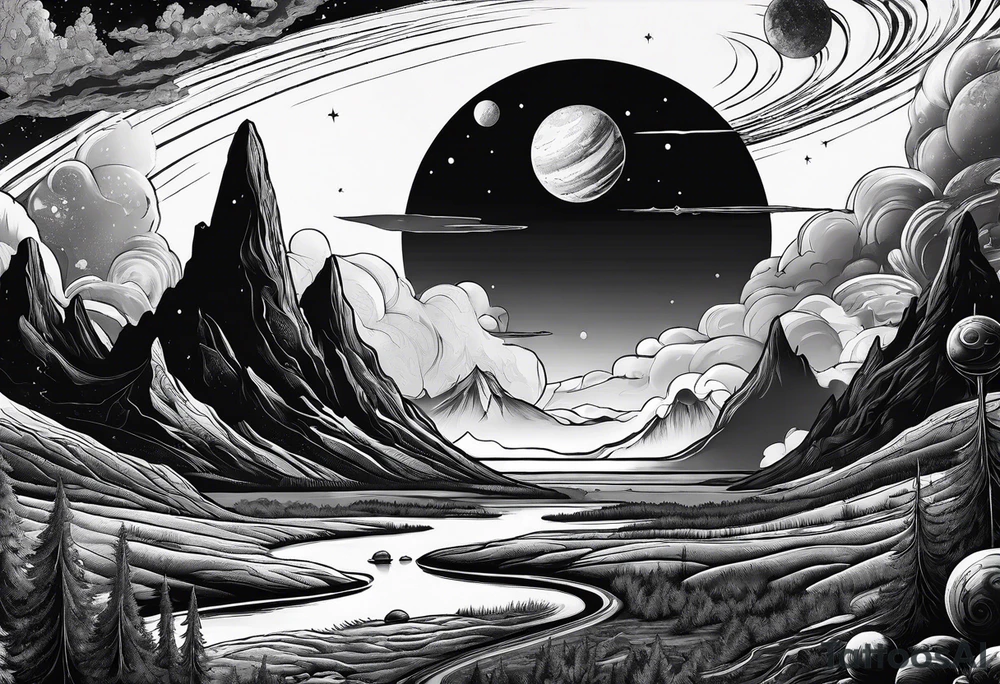 an alien planetary landscape tattoo idea