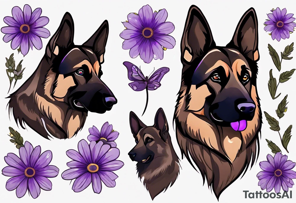 Dark brown, German shepherd with purple daisies tattoo idea