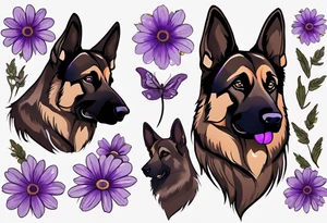 Dark brown, German shepherd with purple daisies tattoo idea