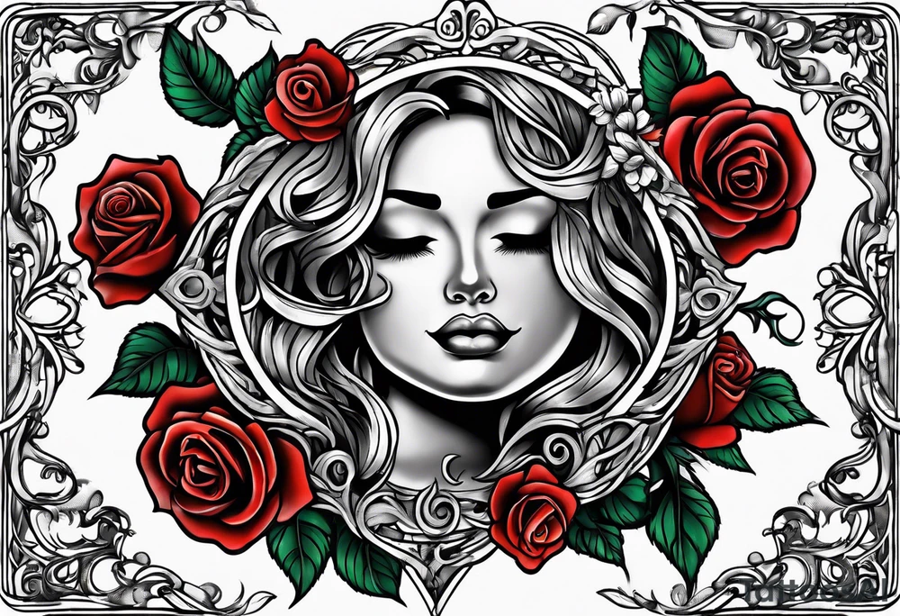 Metallic vines and roses with a crying face tattoo idea