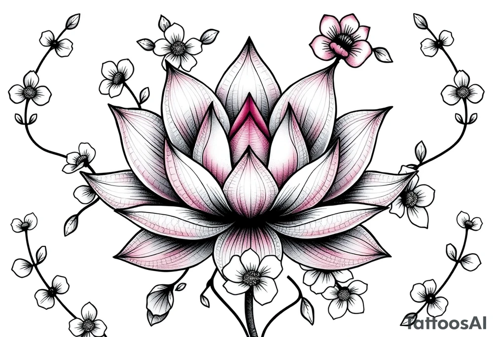 Lotus flower surrounded by forget me nots and peonies tattoo idea