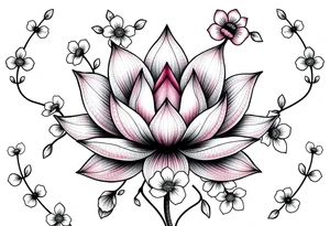 Lotus flower surrounded by forget me nots and peonies tattoo idea