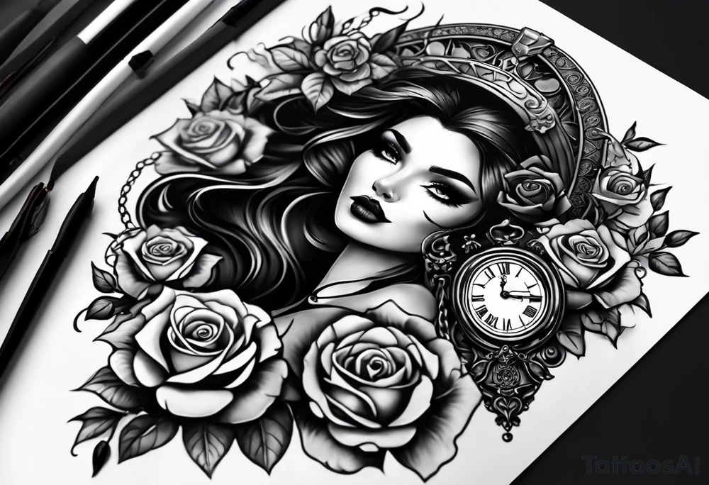 A feminine arm sleeve with a black witchy woman with smoky eyes, a granddaddy clock with roses and a lion queen tattoo idea