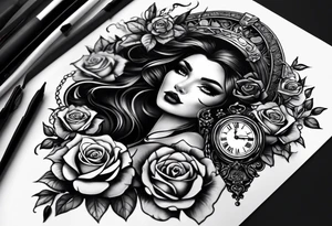 A feminine arm sleeve with a black witchy woman with smoky eyes, a granddaddy clock with roses and a lion queen tattoo idea