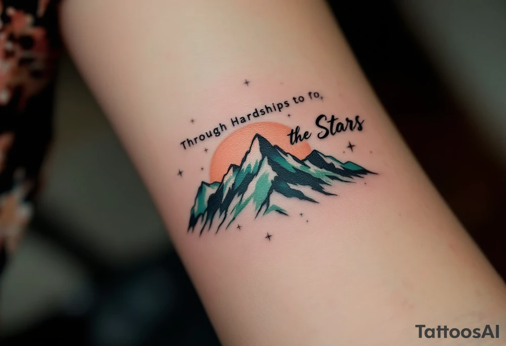 The phrase “Through Hardships To the Stars” flows in ink the color of rusted copper, rising over a dark green mountain range beneath a night sky. tattoo idea