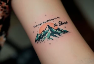 The phrase “Through Hardships To the Stars” flows in ink the color of rusted copper, rising over a dark green mountain range beneath a night sky. tattoo idea