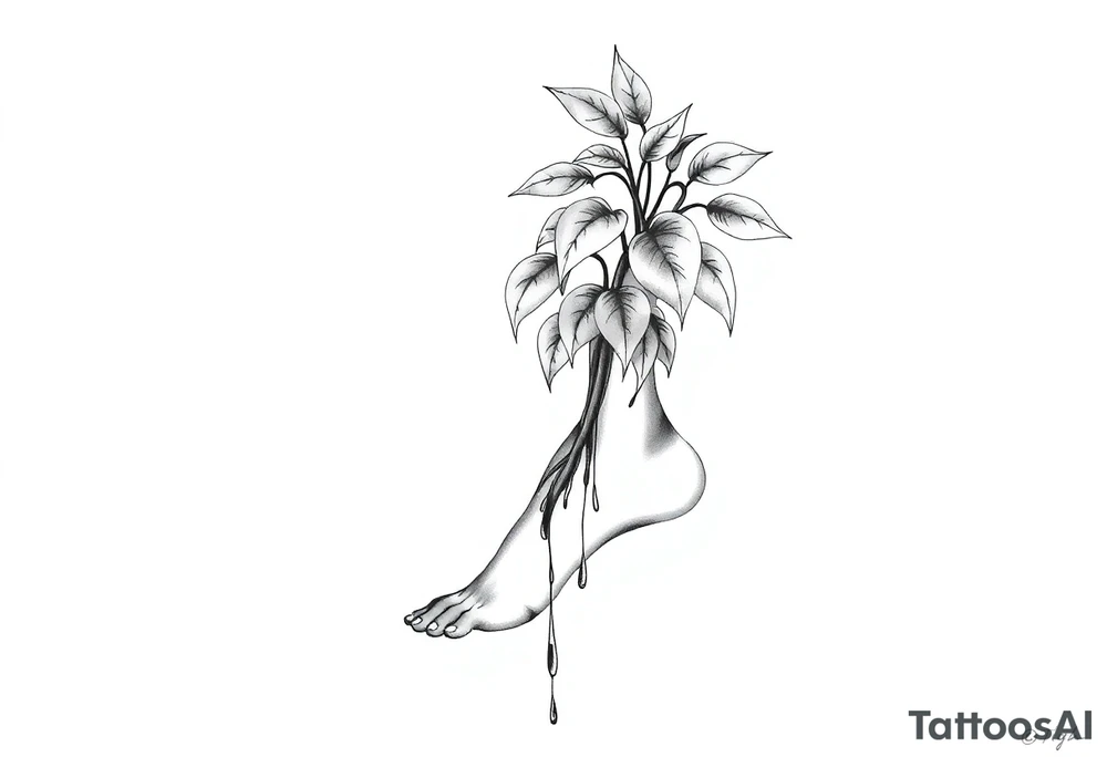 plant with long leaves, dripping like ink, growing up the left foot to the cleavage tattoo idea