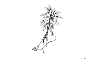 plant with long leaves, dripping like ink, growing up the left foot to the cleavage tattoo idea