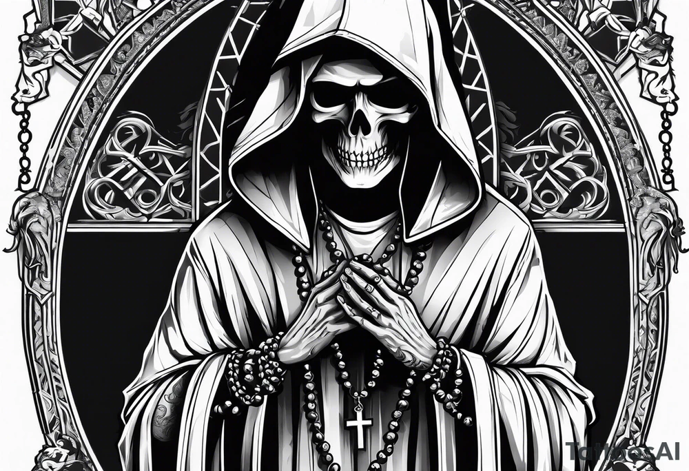 The grim reaper with praying hands and rosary rapped around his hands while he’s standing tattoo idea
