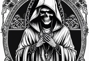 The grim reaper with praying hands and rosary rapped around his hands while he’s standing tattoo idea