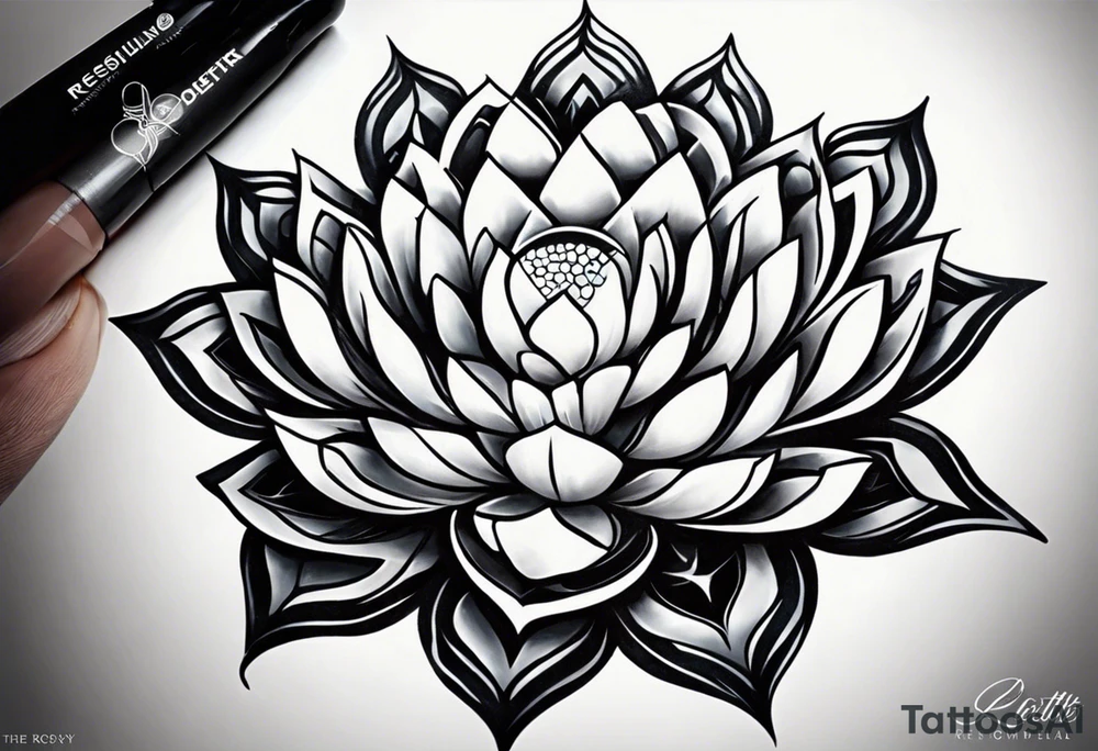 Make a tattoo of a lotus flower, stone, a science helix and a Greek delta in the shape of a lotus. the rocky area to symbolizes strength, a science helix to symbolize resiliency and a Greek delta to symbolize transformation. The tattoo should overall represent resiliency and strength and present a strong, firm foundation that displays strength in the face of trauma. Make sure to also be able to identify the rock, the helix and the delta symbol separately and not mixed together as each element is important tattoo idea