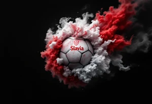 A realistic soccer ball emerging from a red and white smoke cloud shaped like the Slavia crest with czech republic emblem with "slavia" written in it. tattoo idea