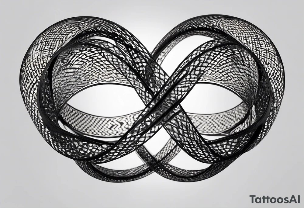 Design a captivating tattoo that embodies the concept of wave-particle duality. Imagine an elegant luminescent ribbon winding around the skin, pulsing with energy. The ribbon should hint at both wave-like undulations and the presence of subatomic particles. Incorporate miniature quantum gates opening and closing within the ribbon, bridging the quantum and cybernetic realms. tattoo idea