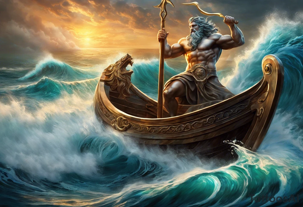 Poseidon (Left Upper Arm):

Poseidon riding a chariot pulled by sea horses, with waves crashing around them.
Poseidon wielding his trident with a powerful stance, commanding the sea.
Dolphins and fish swimming through the waves, along with swirling patterns to represent the movement of water. tattoo idea