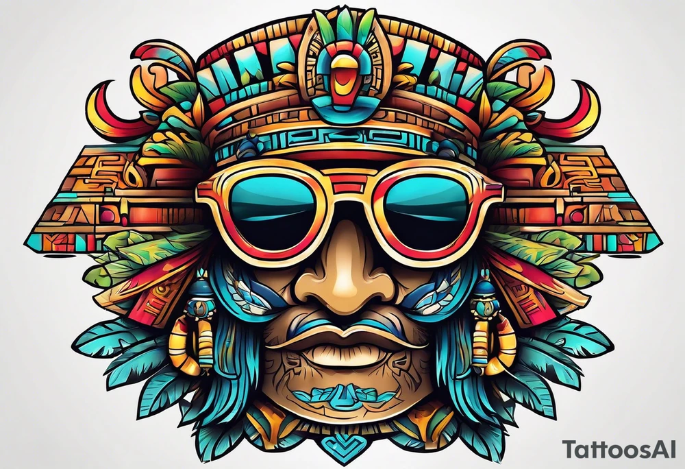 Colorful simple Mayan hieroglyph wearing sunglasses tattoo idea