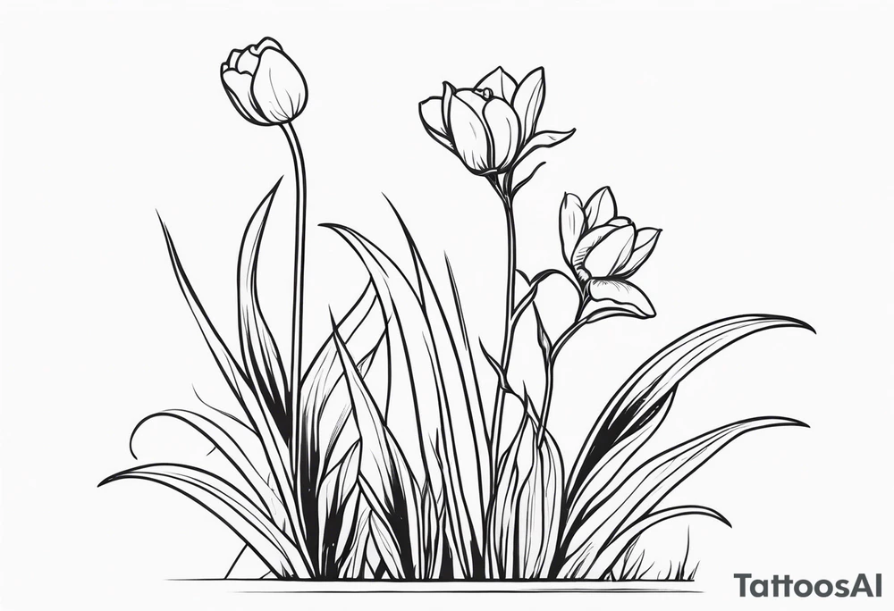 Lily of the valley stem, rose stem, greenery, tiny frog, tulips, grasses tattoo idea