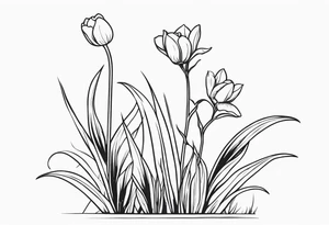 Lily of the valley stem, rose stem, greenery, tiny frog, tulips, grasses tattoo idea