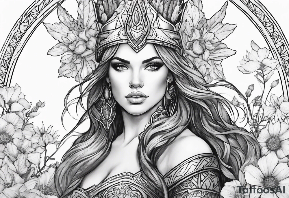 Warrior princess Valkarie and wildflowers half sleeve tattoo idea