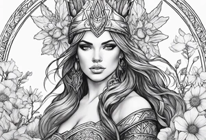 Warrior princess Valkarie and wildflowers half sleeve tattoo idea