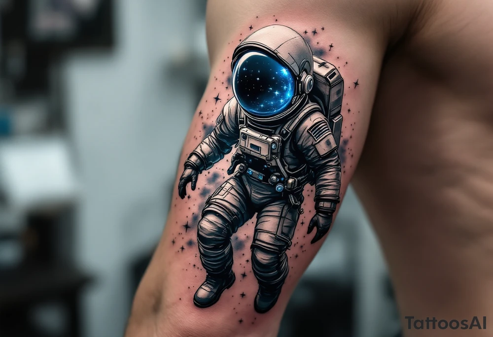 A hyper-detailed astronaut floating on the arm, reflecting stars in deep navy, metallic silver, and blue light. tattoo idea