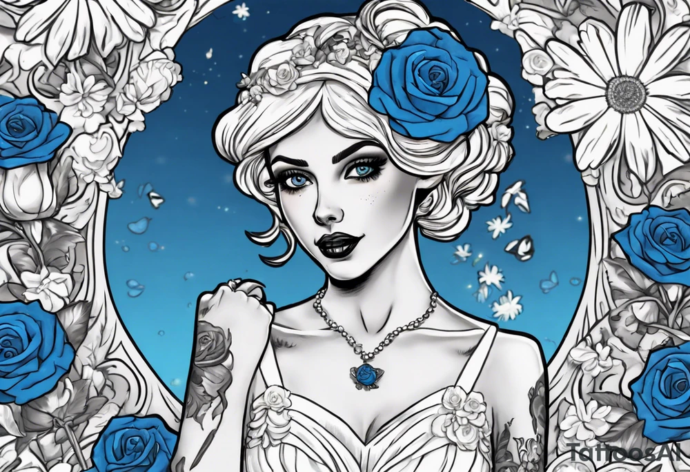character Emily from the film corps bride. she is wearing a wedding dress. the vail on her head. she is holding a bouquet of blue roses in the middle of the bouquet  there is one white daisy. there is a Blue Morpho butterfly flying above the white daisy. A full moon on the background. tattoo idea