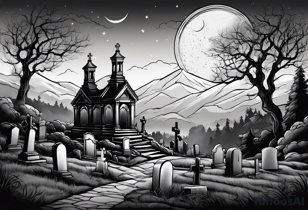 Cemetery on hills with smoke and moon tattoo idea