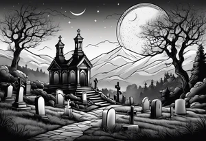 Cemetery on hills with smoke and moon tattoo idea