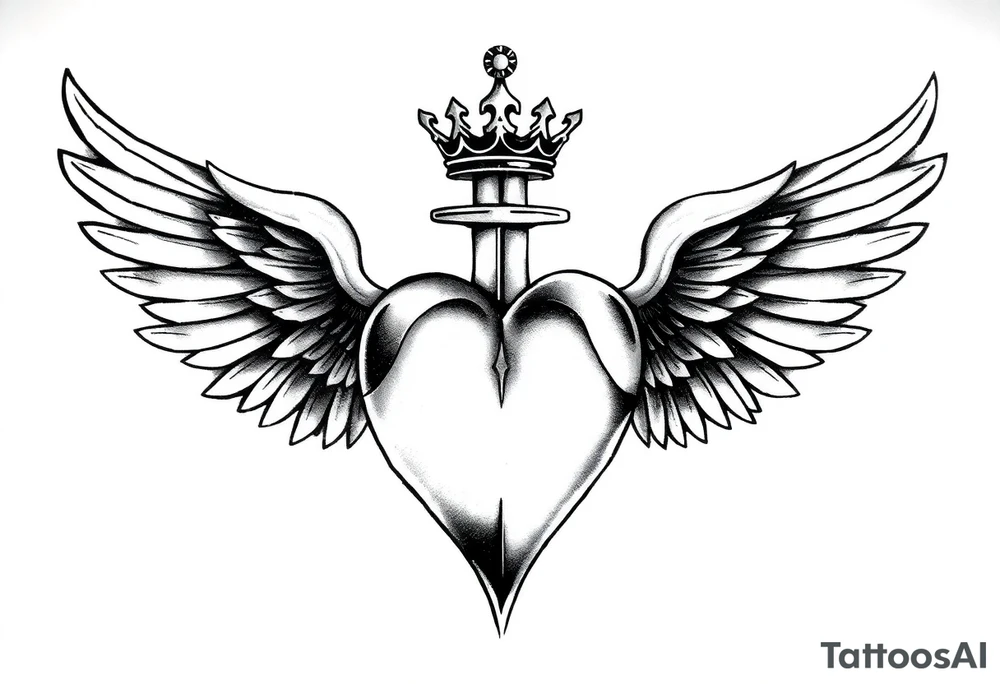 Sensual femenine, powerful 3d heart with the sword hilt on top an a crown on a top side, with two angel gothic wings spread. The wings must be separated, a apart from the heart. It will be located on the lower back. tattoo idea